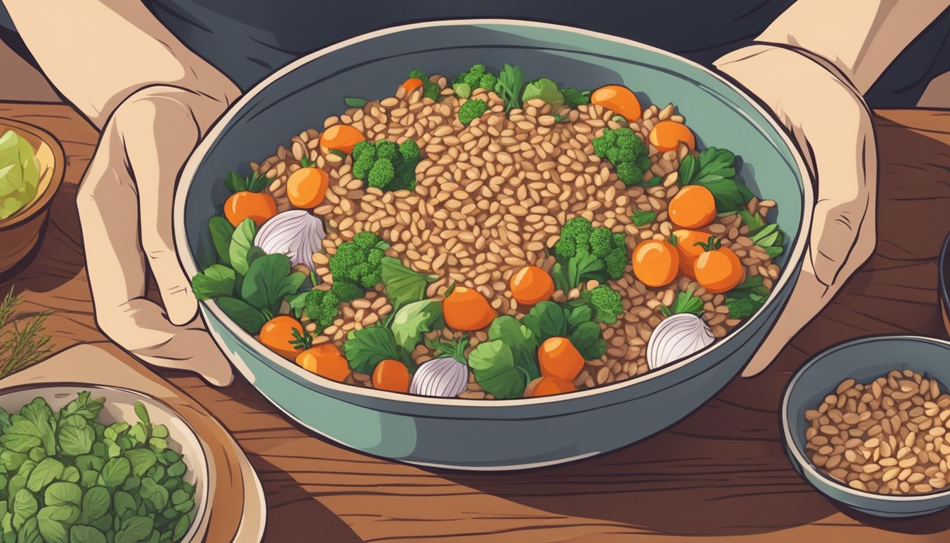 A person holding a bowl of cooked farro with various fresh vegetables and herbs on a wooden table