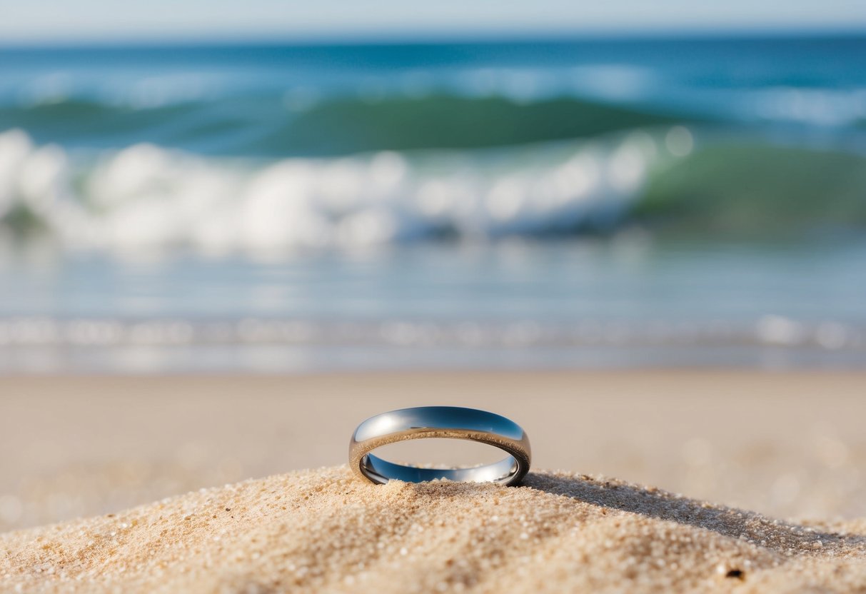 A wedding ring left on a sandy beach, with the gentle waves of the ocean in the background