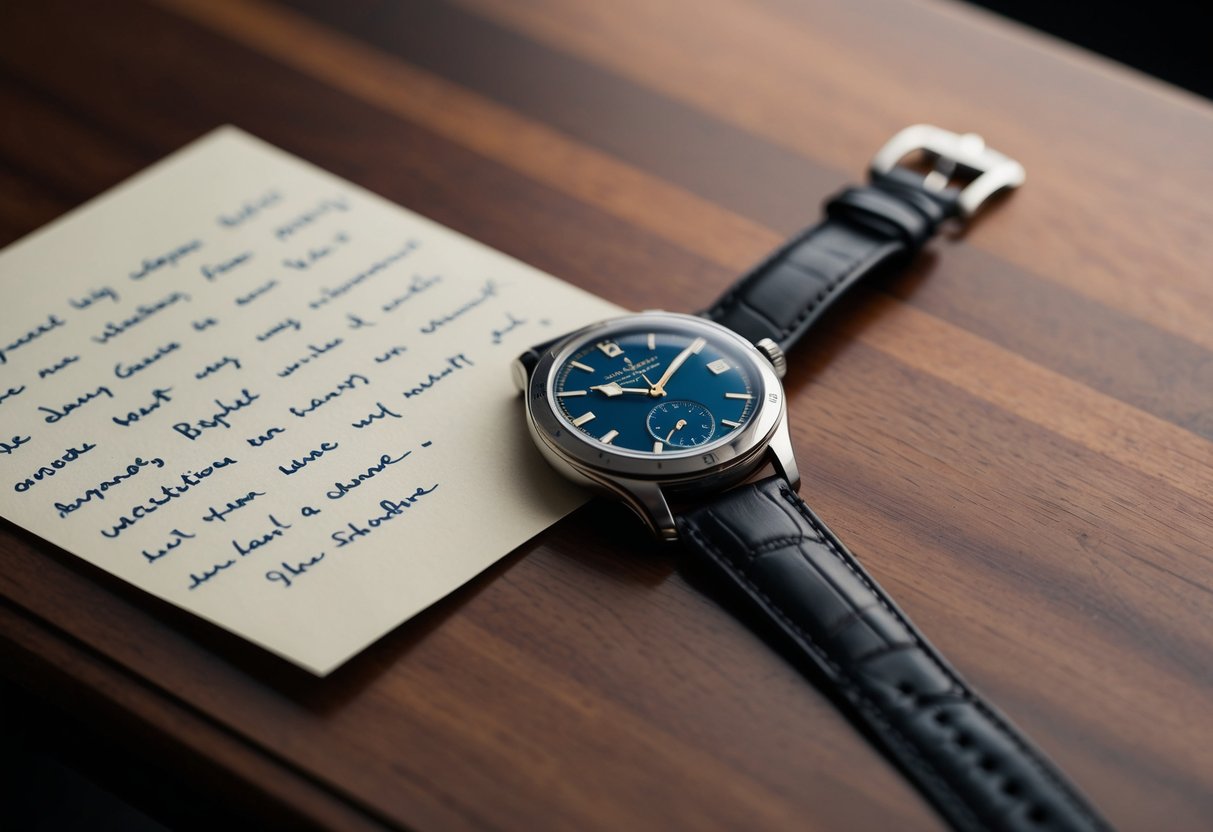 A man's watch, passed down through generations, rests on a wooden table next to a handwritten note