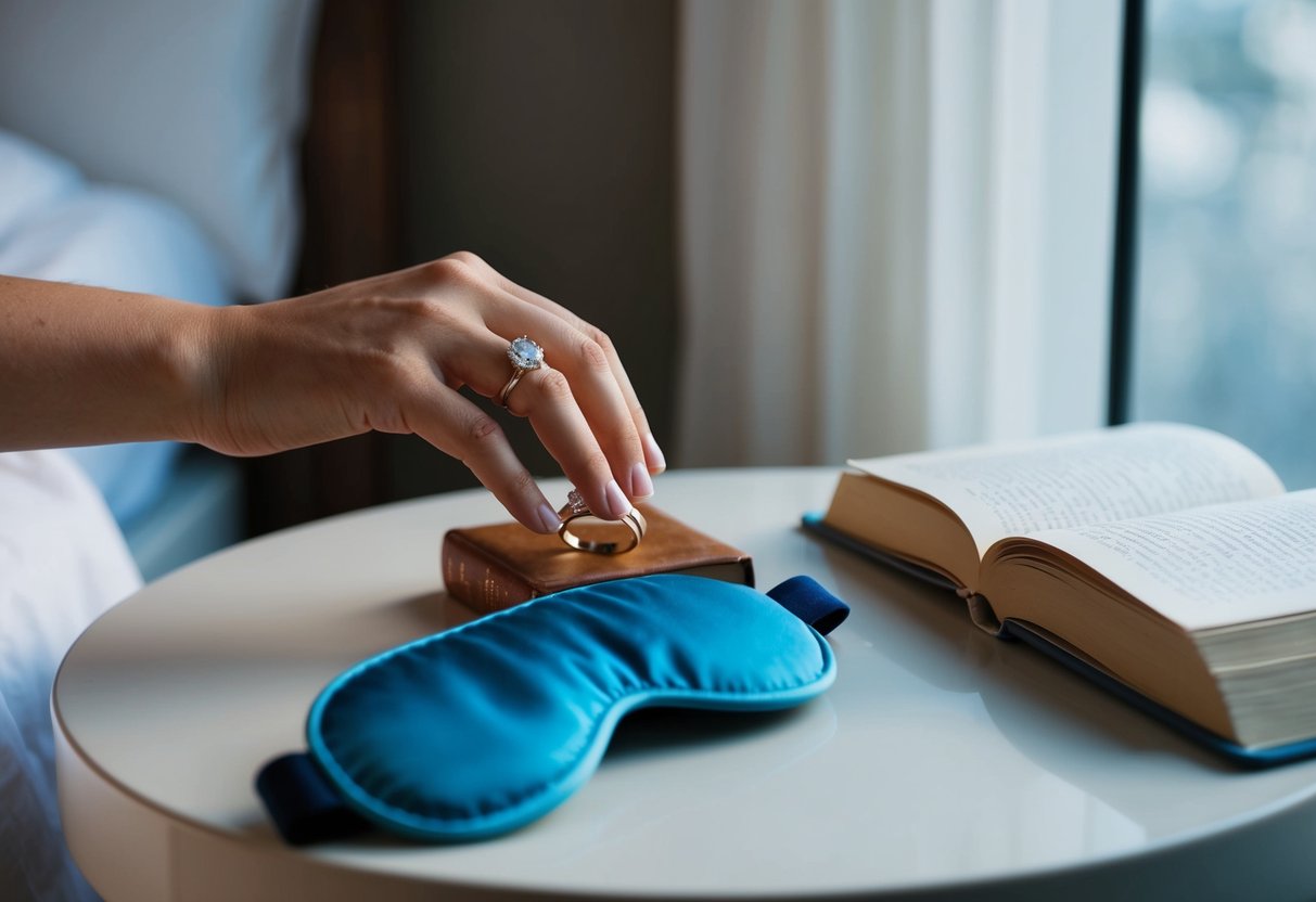 A hand places a wedding ring on a bedside table next to a sleeping mask and a book, suggesting the end of the day