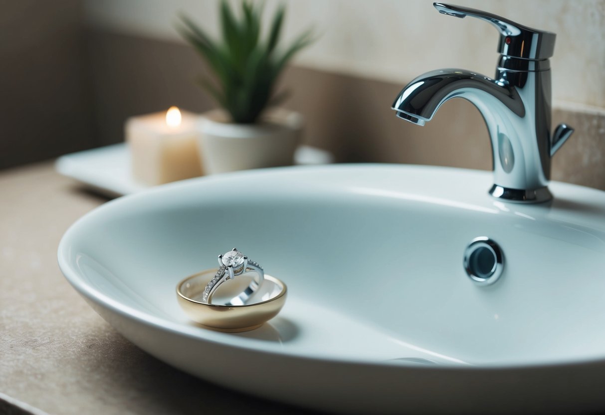 A woman's wedding ring resting on a jewelry dish next to a sink in a bathroom