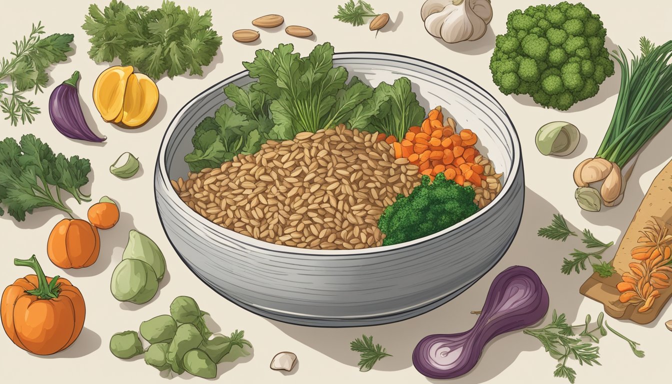 A bowl of cooked farro surrounded by various vegetables and herbs, with a label indicating "Special Diets."