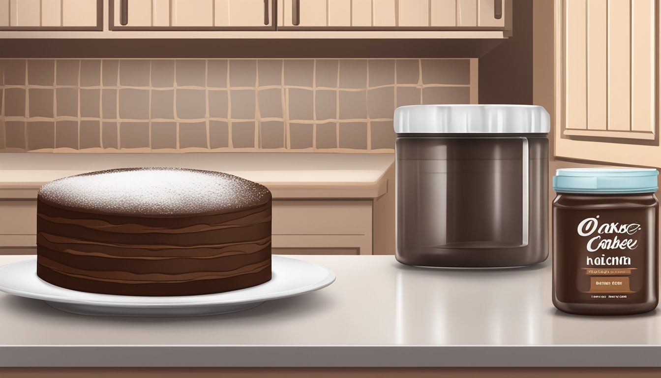 A kitchen cupboard with expired unsweetened cocoa powder next to a freshly baked chocolate cake