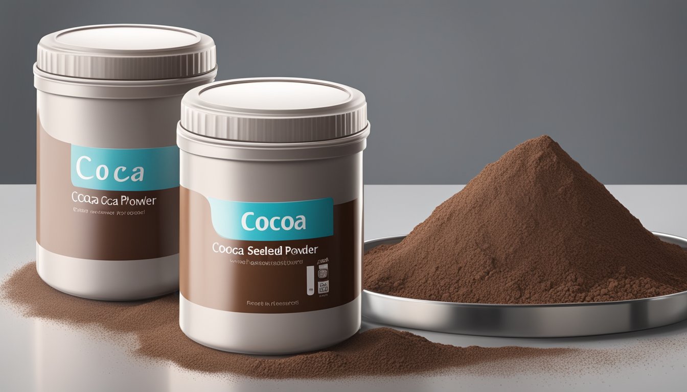 A sealed container of expired unsweetened cocoa powder next to a properly sealed container of fresh cocoa powder, with visible signs of spoilage on the expired container