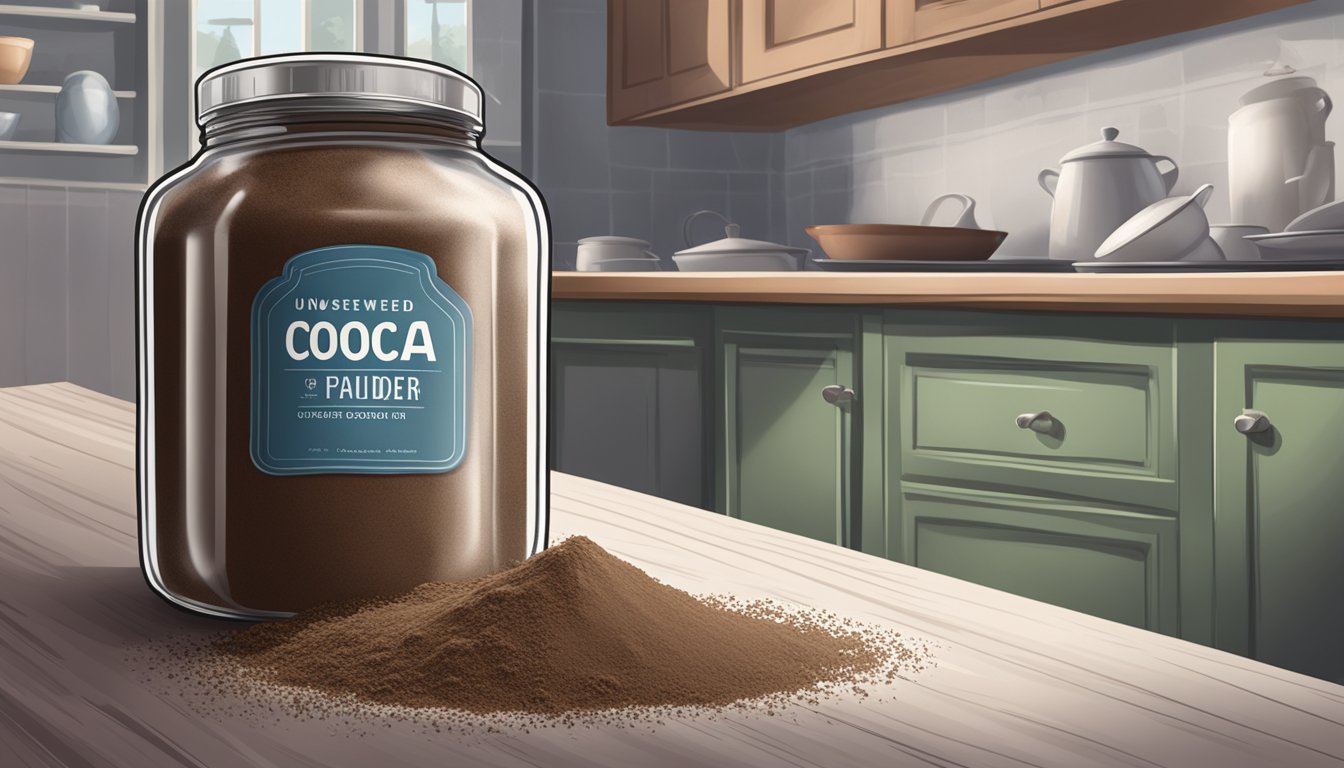 A jar of expired unsweetened cocoa powder with a faded label, surrounded by a cloud of dust and cobwebs in a neglected kitchen pantry