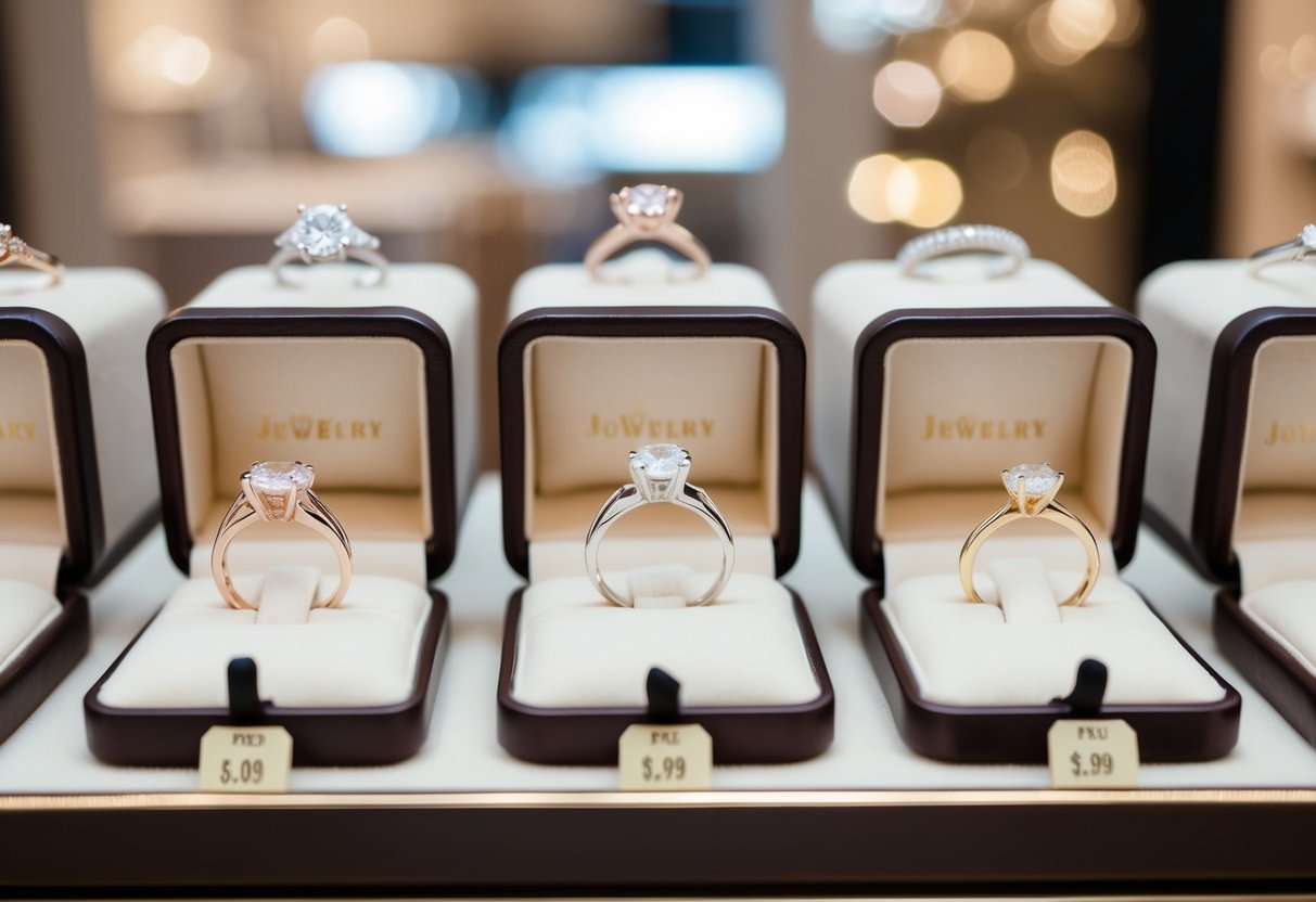 A jewelry store display featuring elegant engagement rings in various designs and sizes, with price tags clearly visible