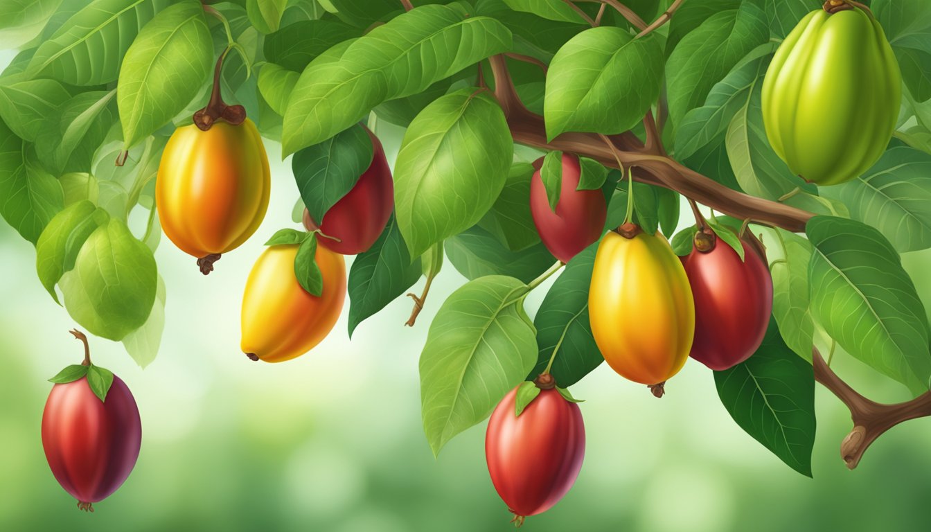 A ripe tamarillo surrounded by vibrant green leaves and unripe tamarillos hanging from the tree