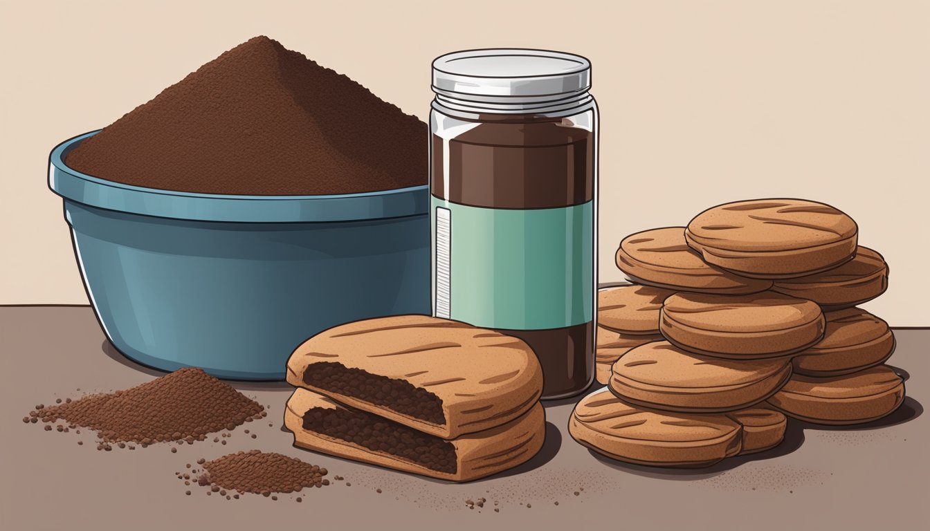 An open container of expired unsweetened cocoa powder next to a pile of baked goods