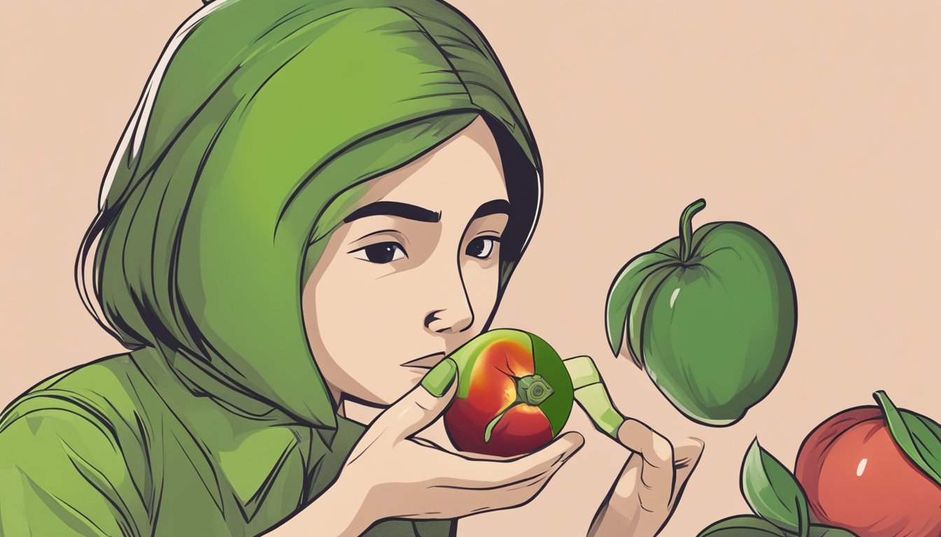 A person cutting into an unripe tamarillo, with a concerned expression on their face. The tamarillo is shown as green and firm, with a warning symbol nearby