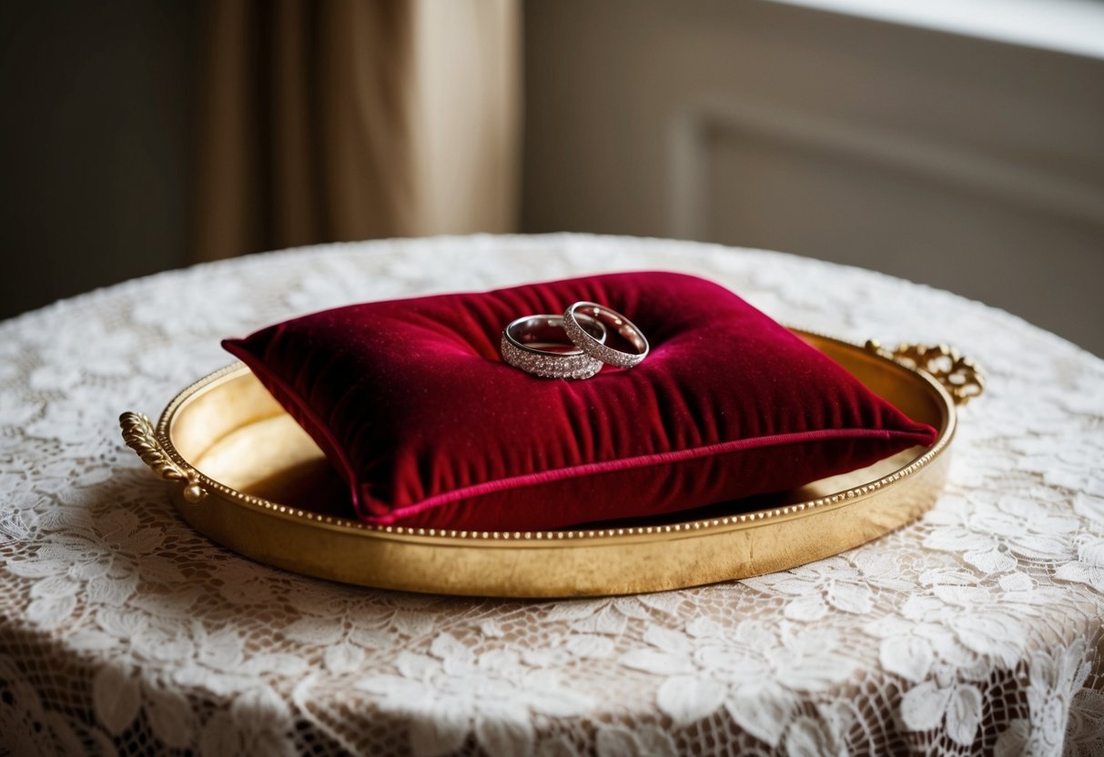 A velvet pillow holds two gleaming rings, resting on a gilded tray atop a lace-covered table