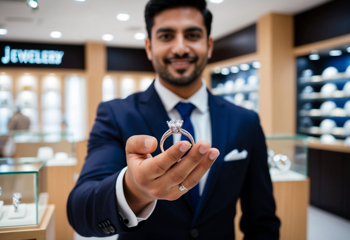 A man holding a wedding ring in his hand, with a jewelry store in the background