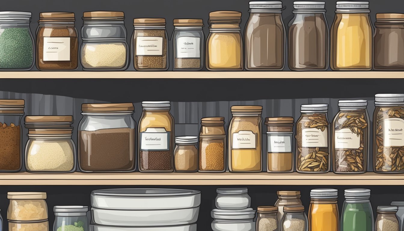 A jar of expired vanilla bean paste sits on a cluttered kitchen shelf next to unopened containers of spices