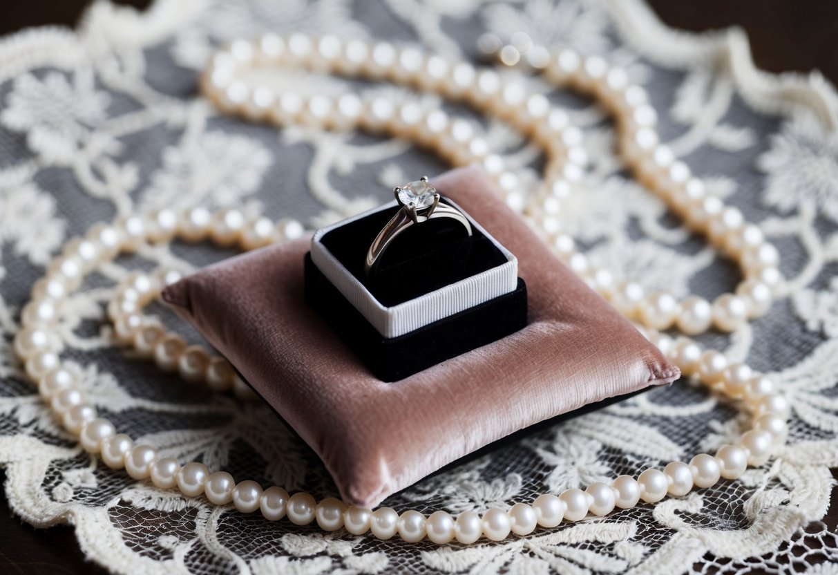 A small, sleek ring box sits atop a plush velvet pillow, surrounded by delicate lace and shimmering pearls