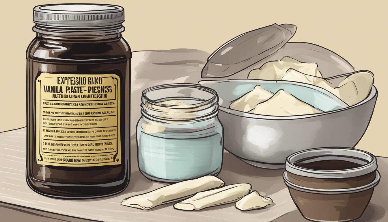 A jar of expired vanilla bean paste next to a warning sign and a list of potential risks