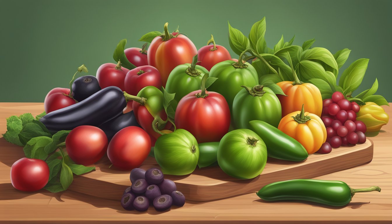 A pile of unripe tamarillos with green stems on a wooden cutting board, surrounded by various fruits and vegetables