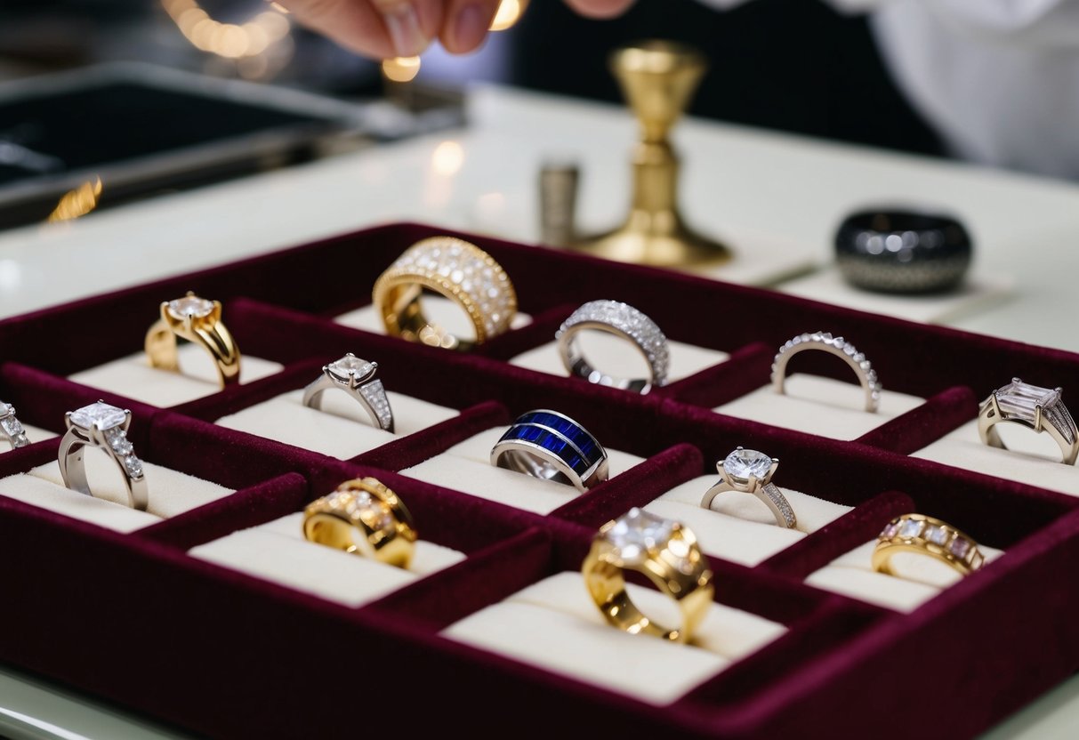 A jeweler displaying a variety of wedding ring materials and designs on a velvet-lined tray