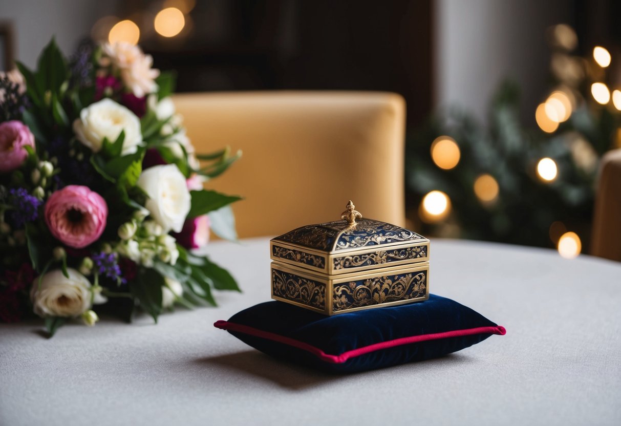 A small, ornate box sits on a velvet pillow, resting on a table next to a bouquet of flowers