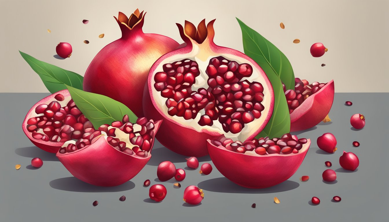 A pile of ripe pomegranate seeds spilling out of a halved fruit, surrounded by scattered seeds and a few scattered leaves