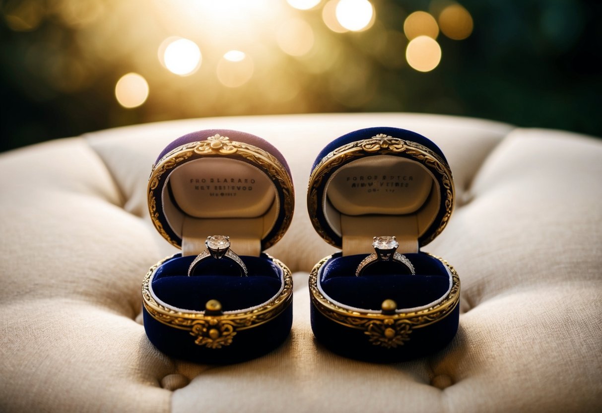 Two ornate ring boxes sit on a velvet cushion, bathed in soft light from above. The rings inside gleam in the gentle glow, waiting to be exchanged