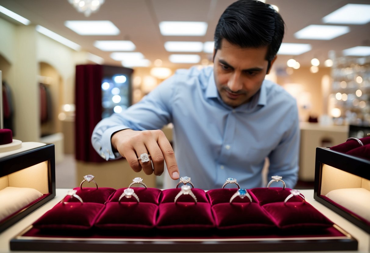 A man carefully examines a selection of gemstone wedding rings displayed on velvet cushions under soft lighting in a jewelry store