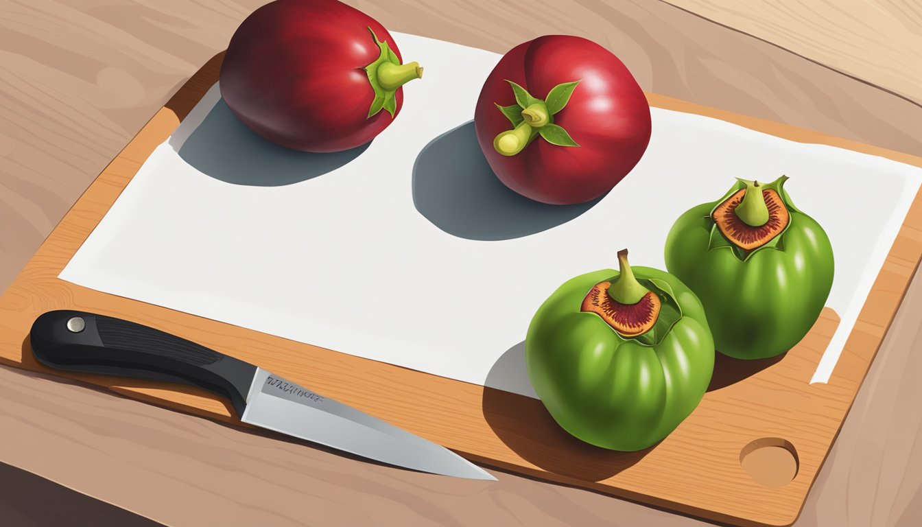 A ripe tamarillo sits next to an unripe one on a cutting board, with a knife and a piece of paper with "safe?" written on it