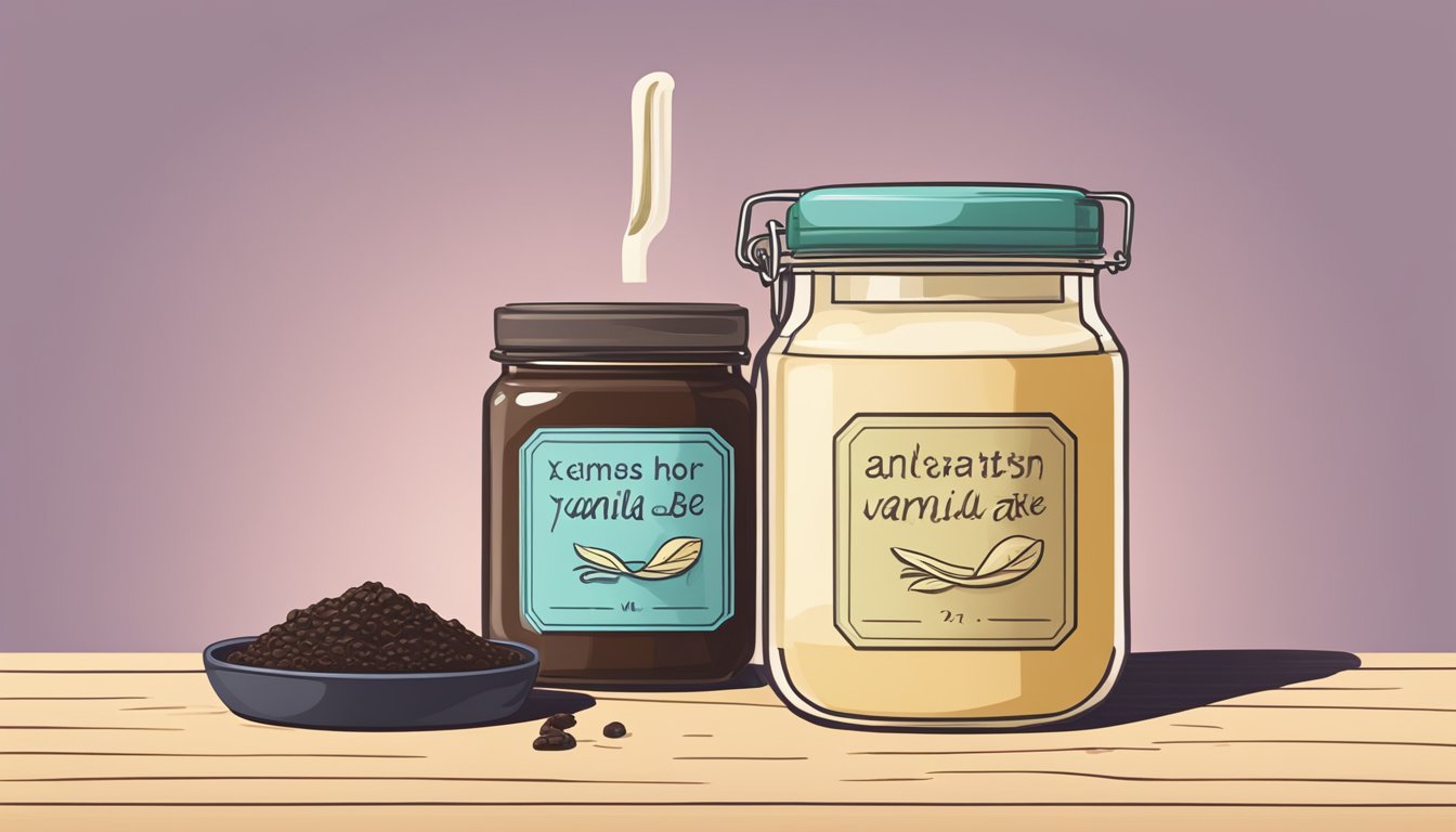 A jar of expired vanilla bean paste next to a fresh jar, with a question mark hovering above it