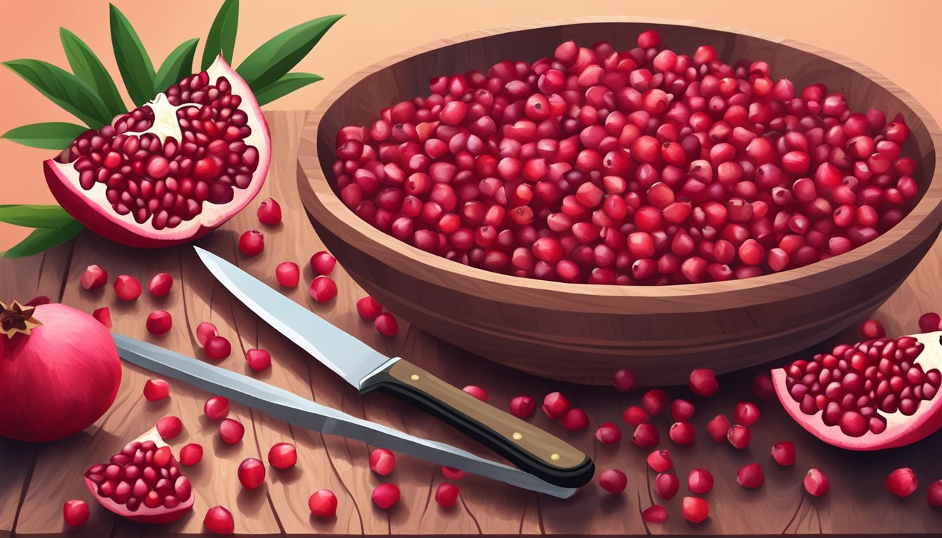 A bowl of pomegranate seeds surrounded by vibrant red fruit and a knife on a wooden cutting board