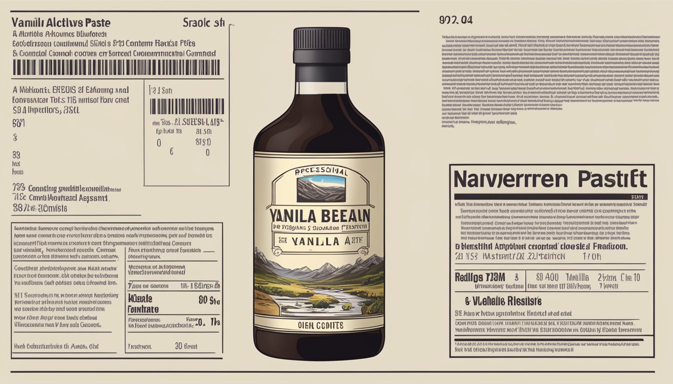 An open bottle of expired vanilla bean paste with visible additives and a label indicating alcohol content