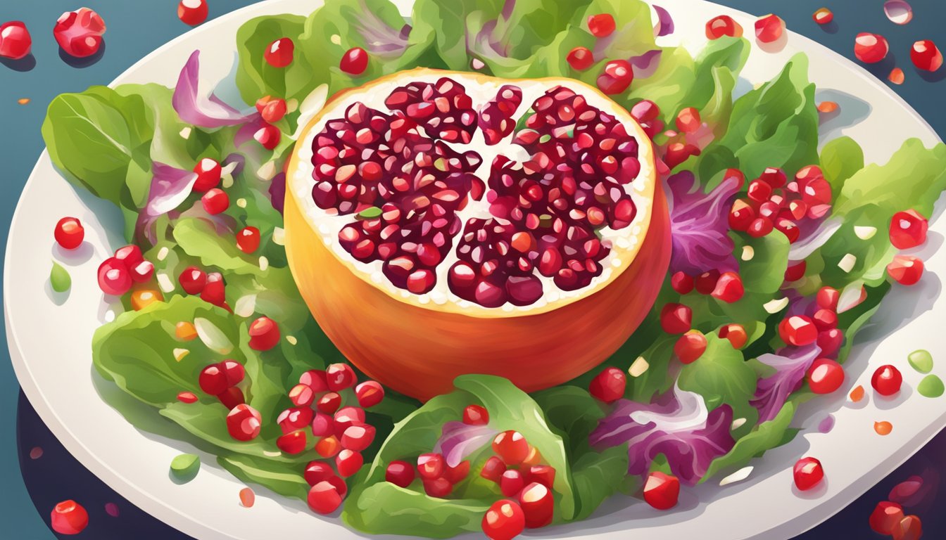 Pomegranate seeds being sprinkled over a vibrant salad, adding a burst of color and flavor to the dish