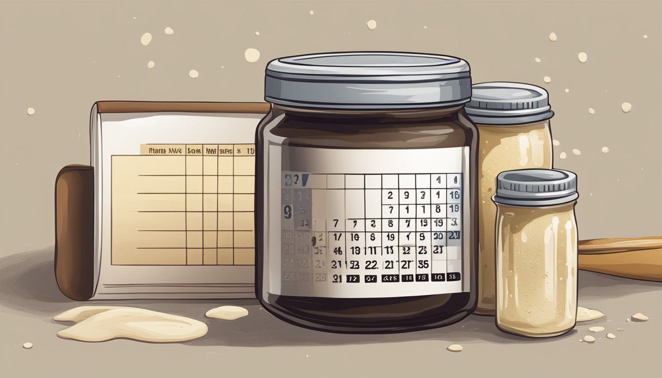 A jar of expired vanilla bean paste next to a calendar showing the date of expiration. A moldy, discolored substance oozes from the jar