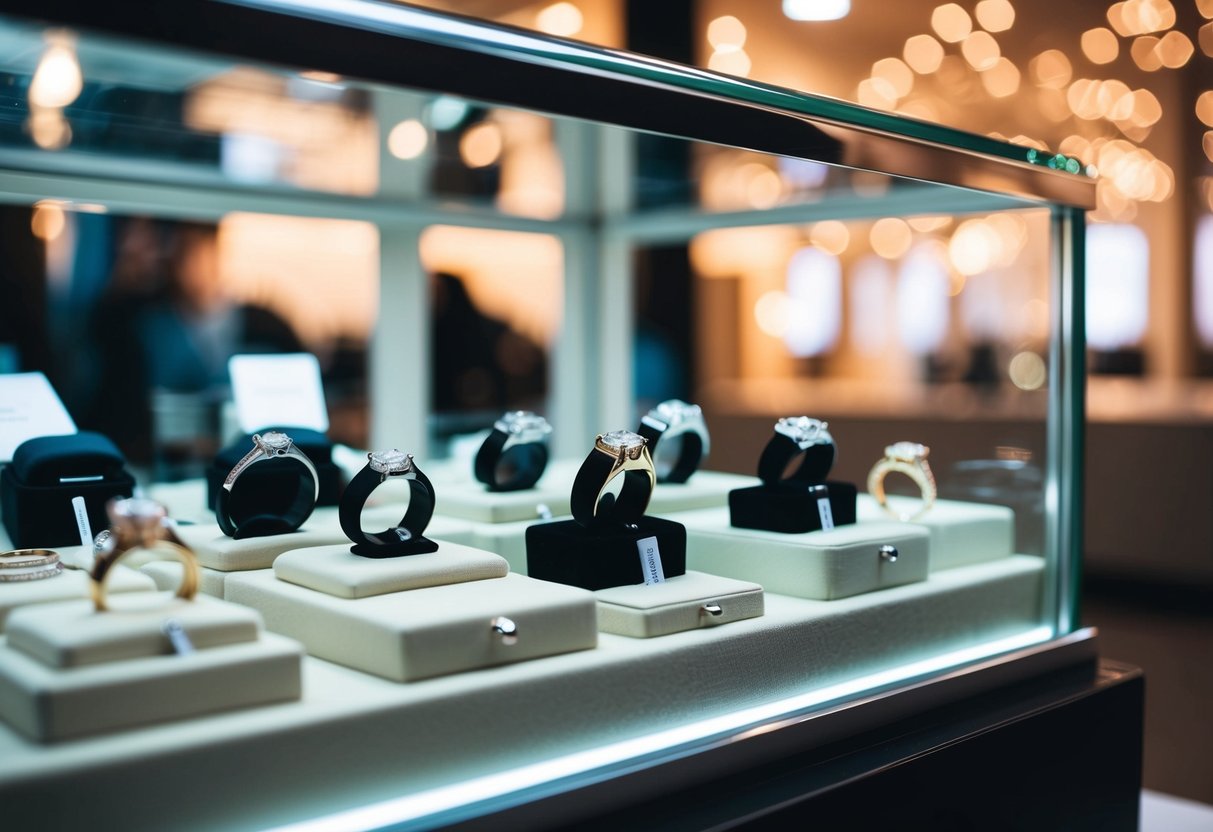 A jeweler's display case with various wedding ring options