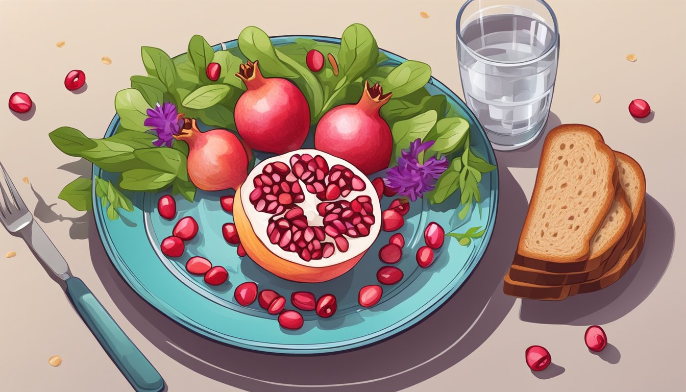 Pomegranate seeds sprinkled over a colorful salad next to a glass of water and a plate of whole grain bread