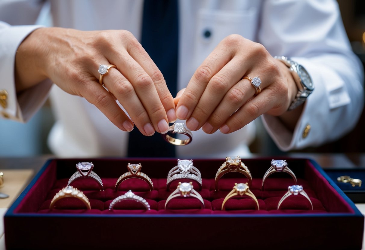 A jeweler carefully examines a selection of wedding rings, each with varying designs and precious metals, displayed on a velvet-lined tray