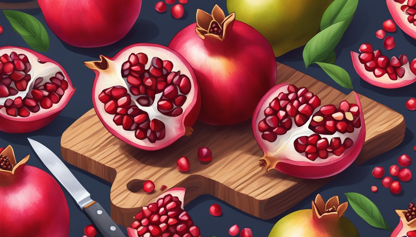 A pomegranate split open, revealing juicy seeds surrounded by the vibrant red flesh. A scattering of seeds spills out onto a wooden cutting board