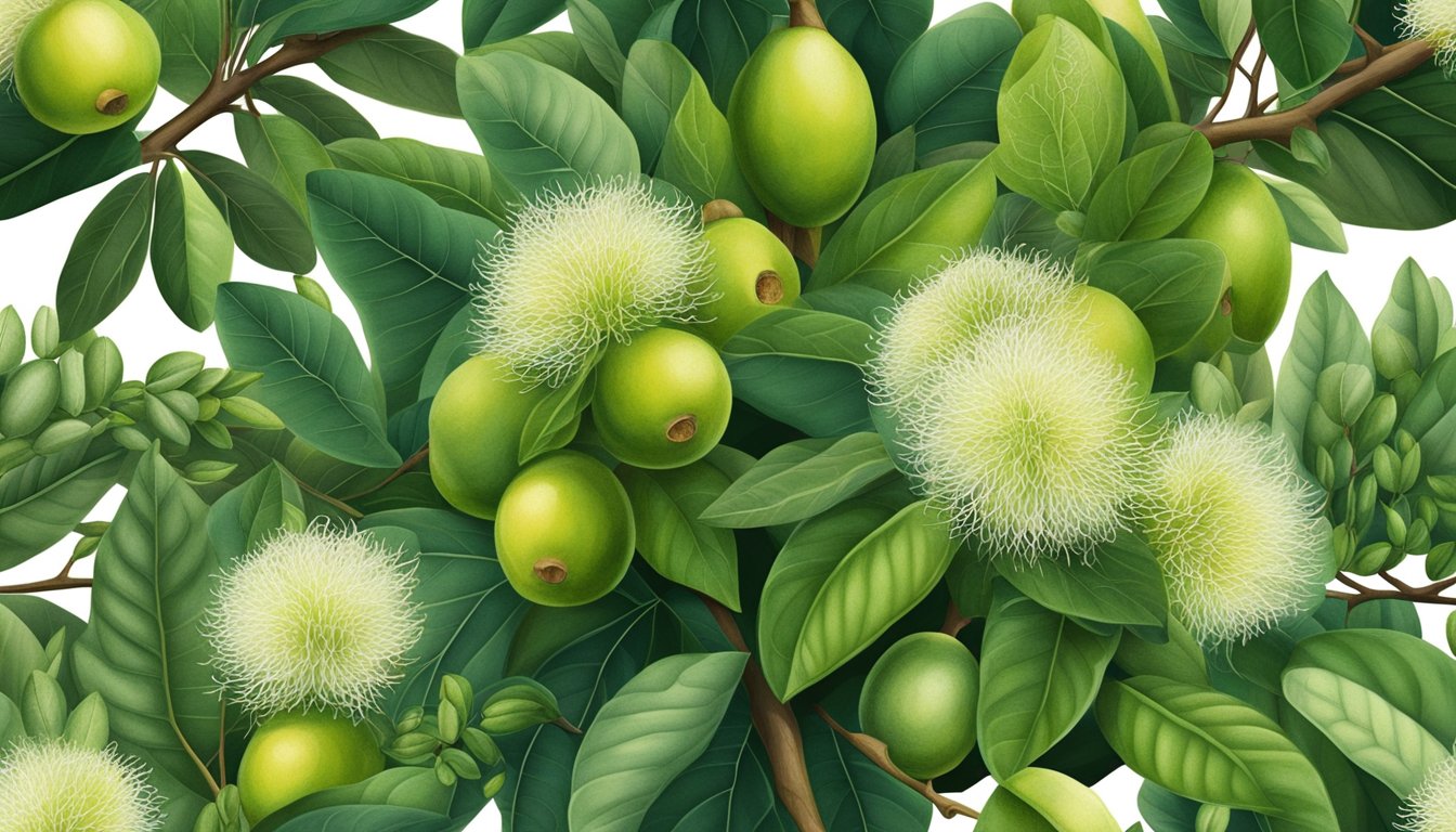 A feijoa tree with ripe and unripe fruit, surrounded by lush foliage and flowers