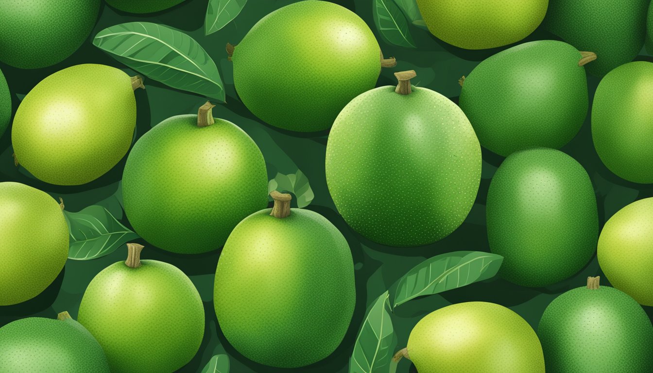 A pile of unripe feijoas next to a ripe one, with a question mark above the unripe ones