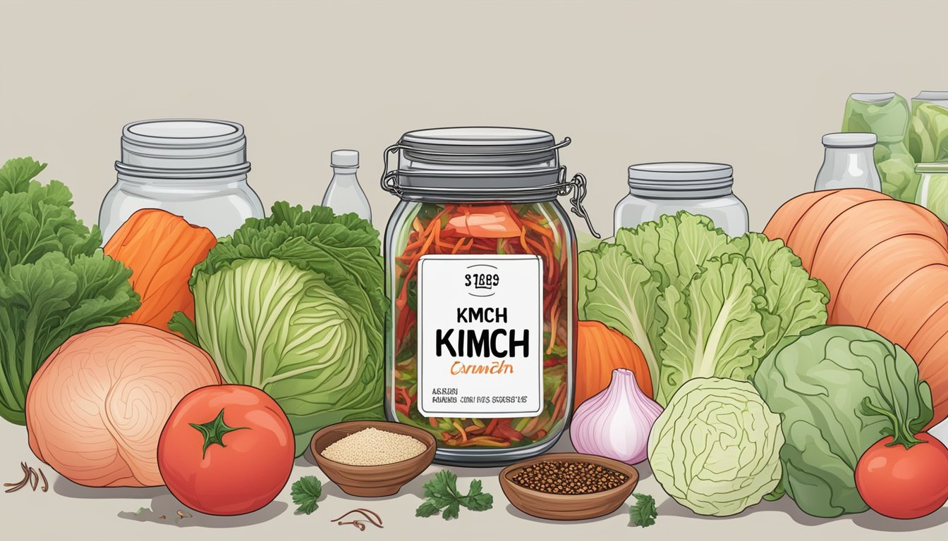 A jar of kimchi with an expiration date on the label, surrounded by various ingredients like cabbage, radish, and spices