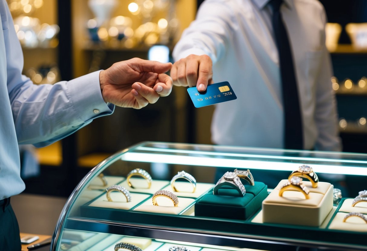A man's hand holding out a credit card towards a jeweler's display case filled with various wedding bands