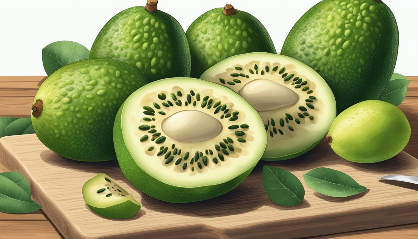 A pile of unripe feijoas on a kitchen counter, next to a knife and cutting board