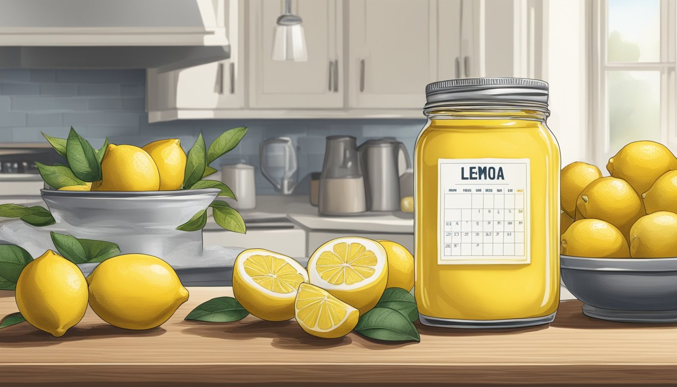 A jar of expired lemon curd sits on a kitchen counter, surrounded by fresh lemons and a calendar showing the expiration date