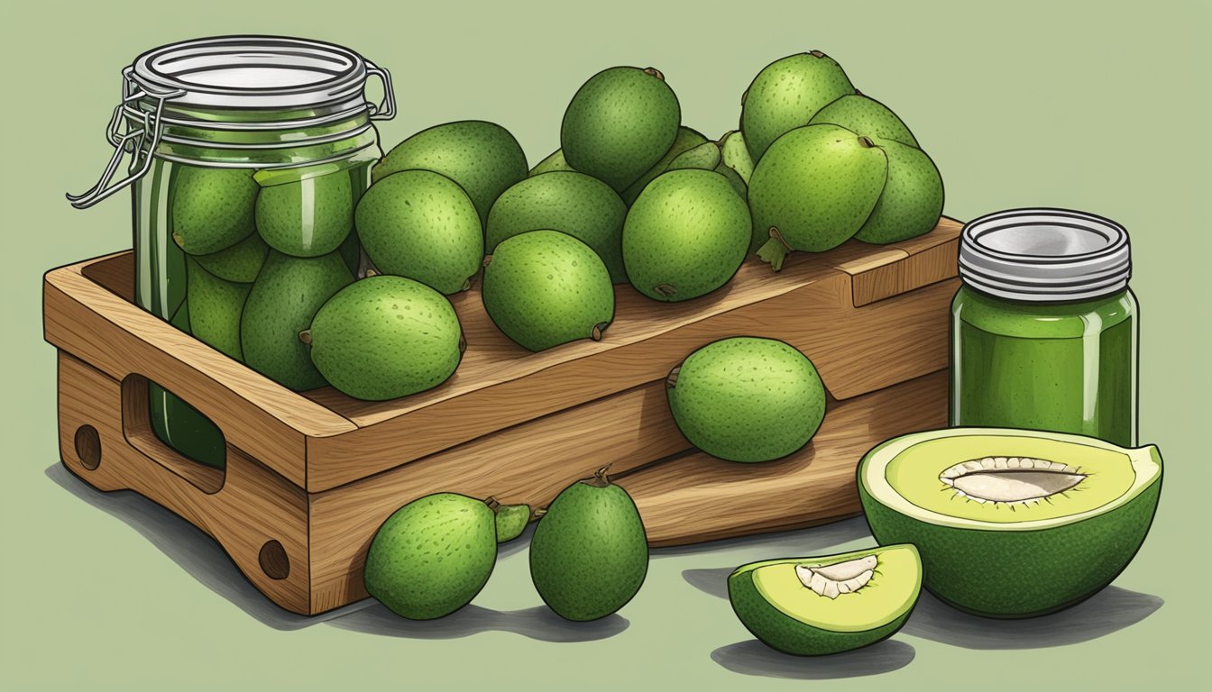 A pile of unripe feijoas on a wooden cutting board, surrounded by a knife, a bowl of sugar, and a jar of pickling solution