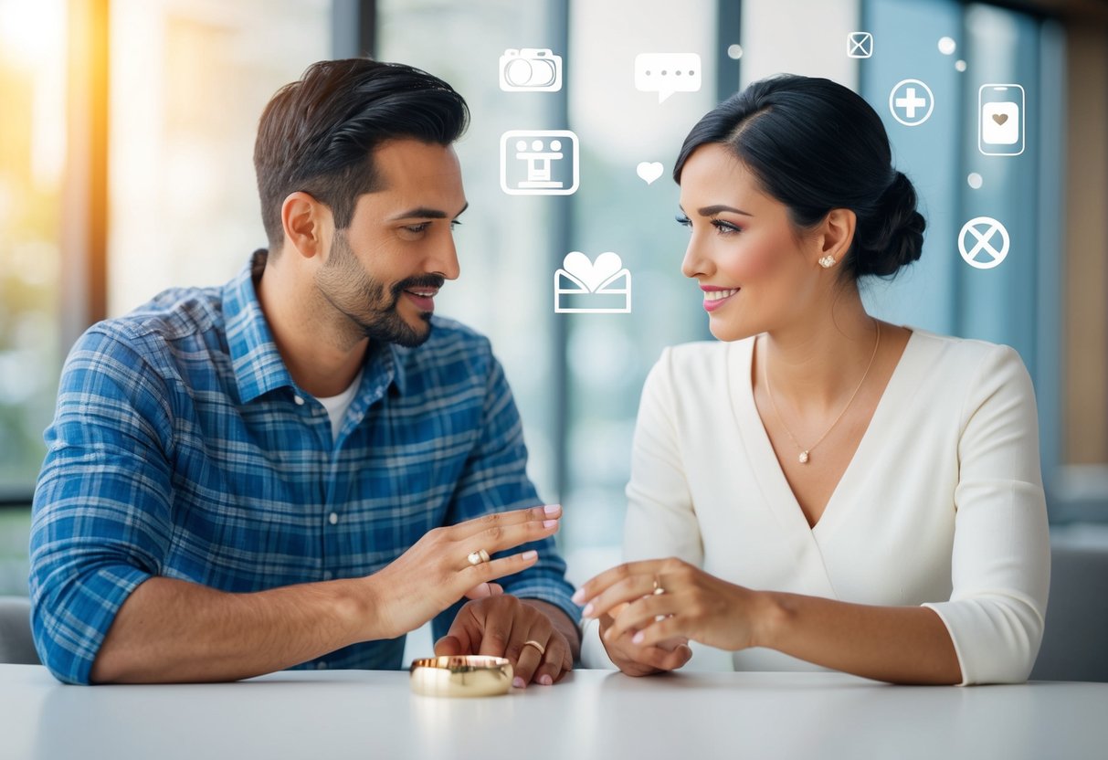A man and a woman discussing wedding bands, with a mix of traditional and modern symbols around them