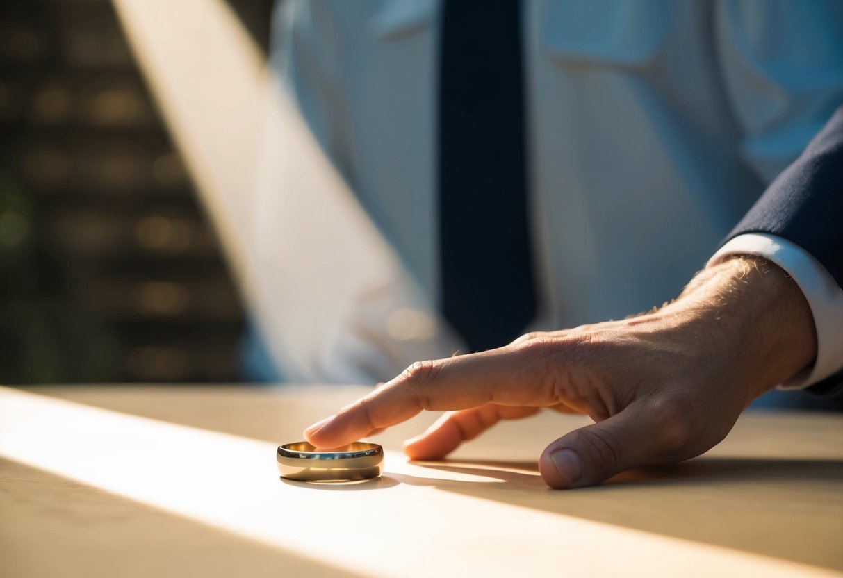 A hand reaches for a wedding band on a table, while a ray of sunlight illuminates the symbol of commitment and unity