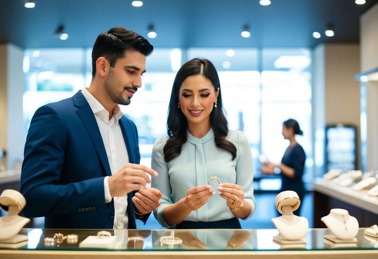 A couple standing at a jewelry store counter, discussing and deliberating over different wedding bands. The husband holds up a few options while the wife looks on, considering the purchase