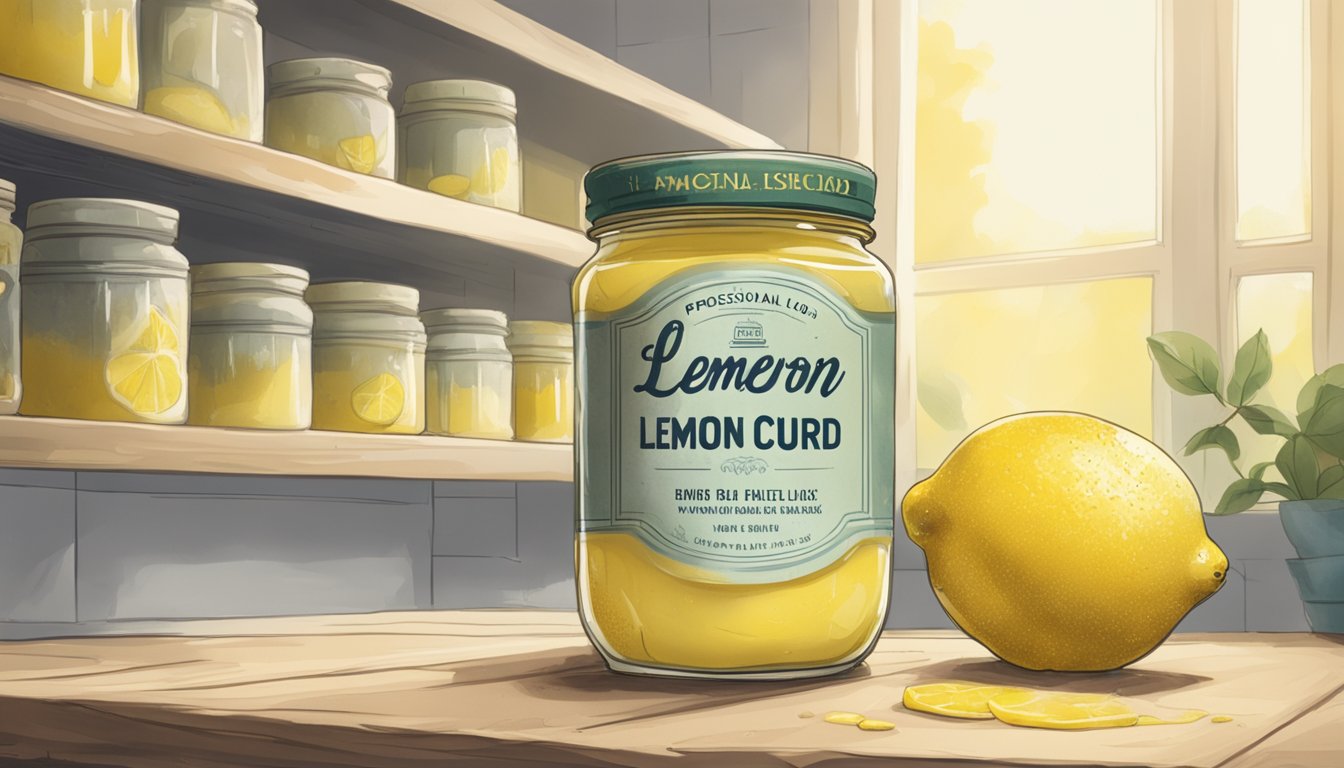 A jar of lemon curd sits on a dusty shelf, its label faded and peeling. The once vibrant yellow color has dulled, and a layer of mold has formed on the surface