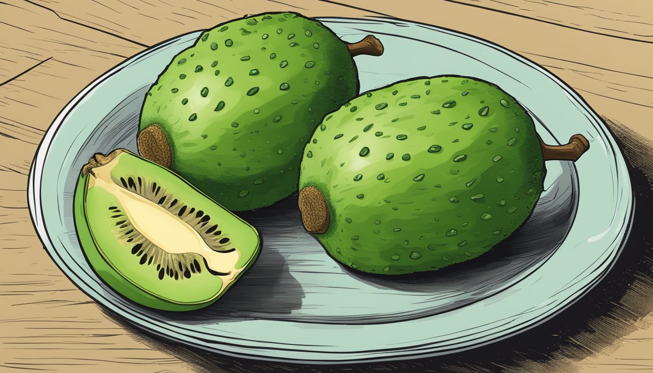 A ripe feijoa sits on a plate, while an unripe feijoa is shown with a caution sign