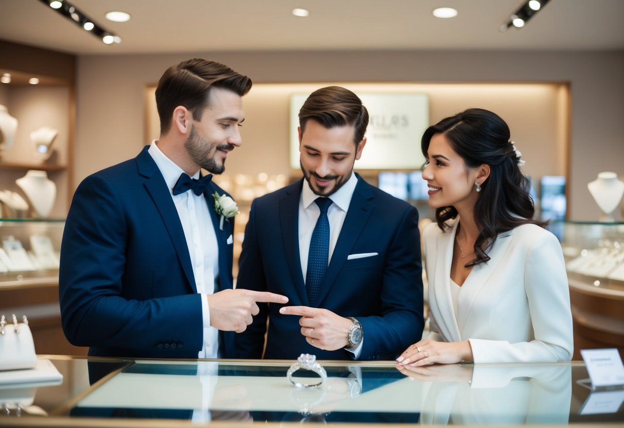 A couple discussing wedding expenses and pointing to a wedding band in a jewelry store