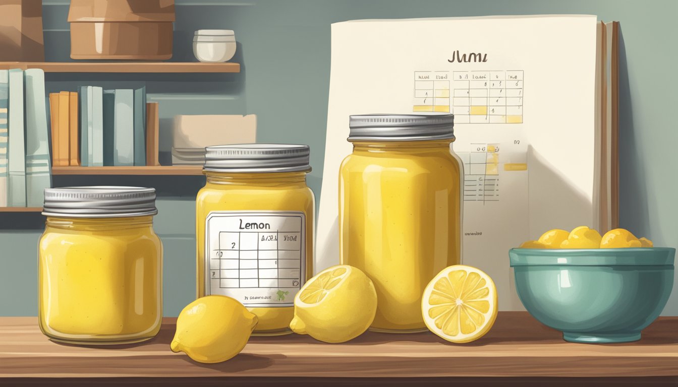 A jar of expired lemon curd sits on a shelf next to a stack of cookbooks. A calendar on the wall shows the current date