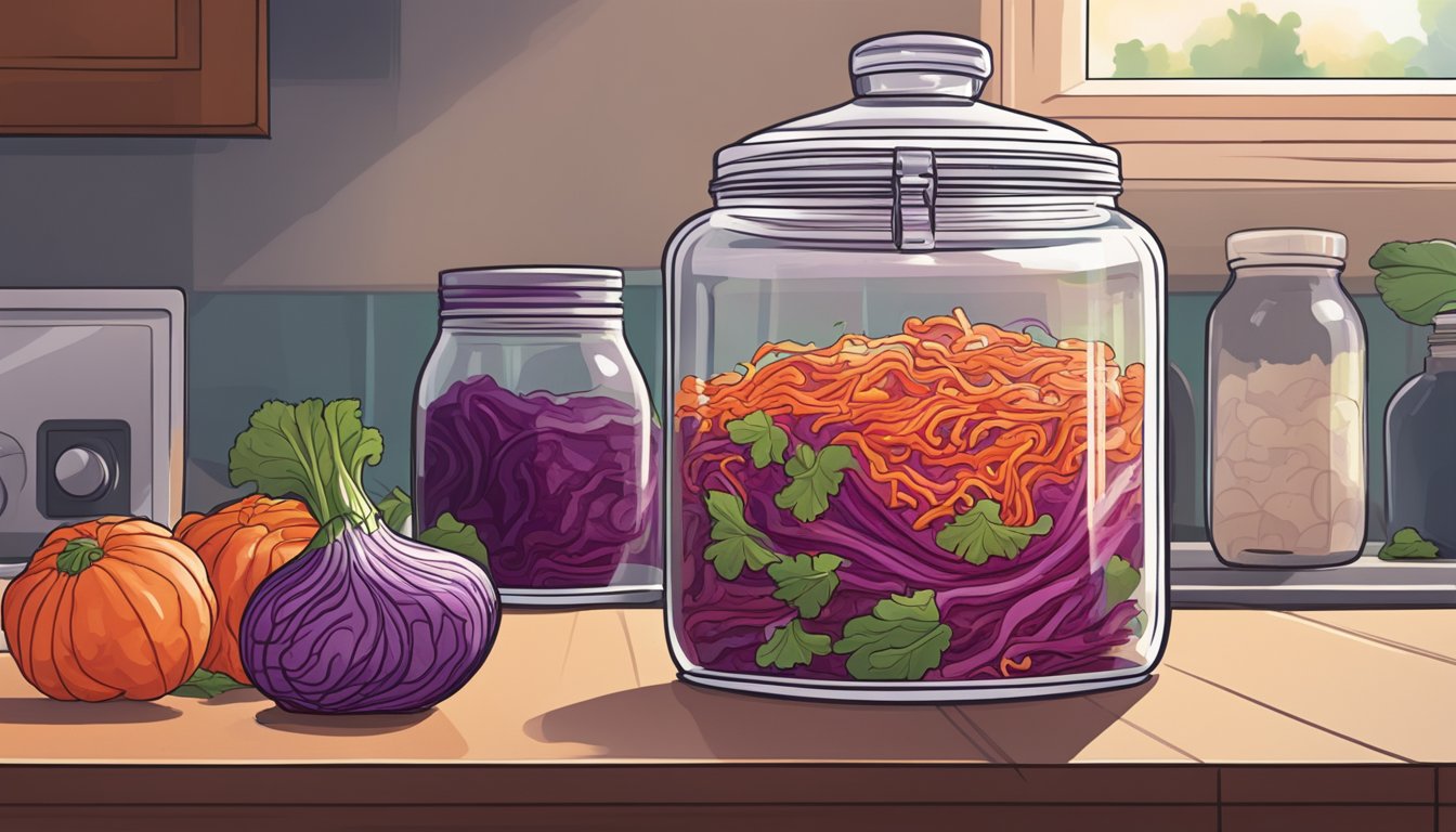 A jar of kimchi sits on a kitchen counter, its lid slightly ajar. The vibrant red cabbage and pungent aroma suggest its age