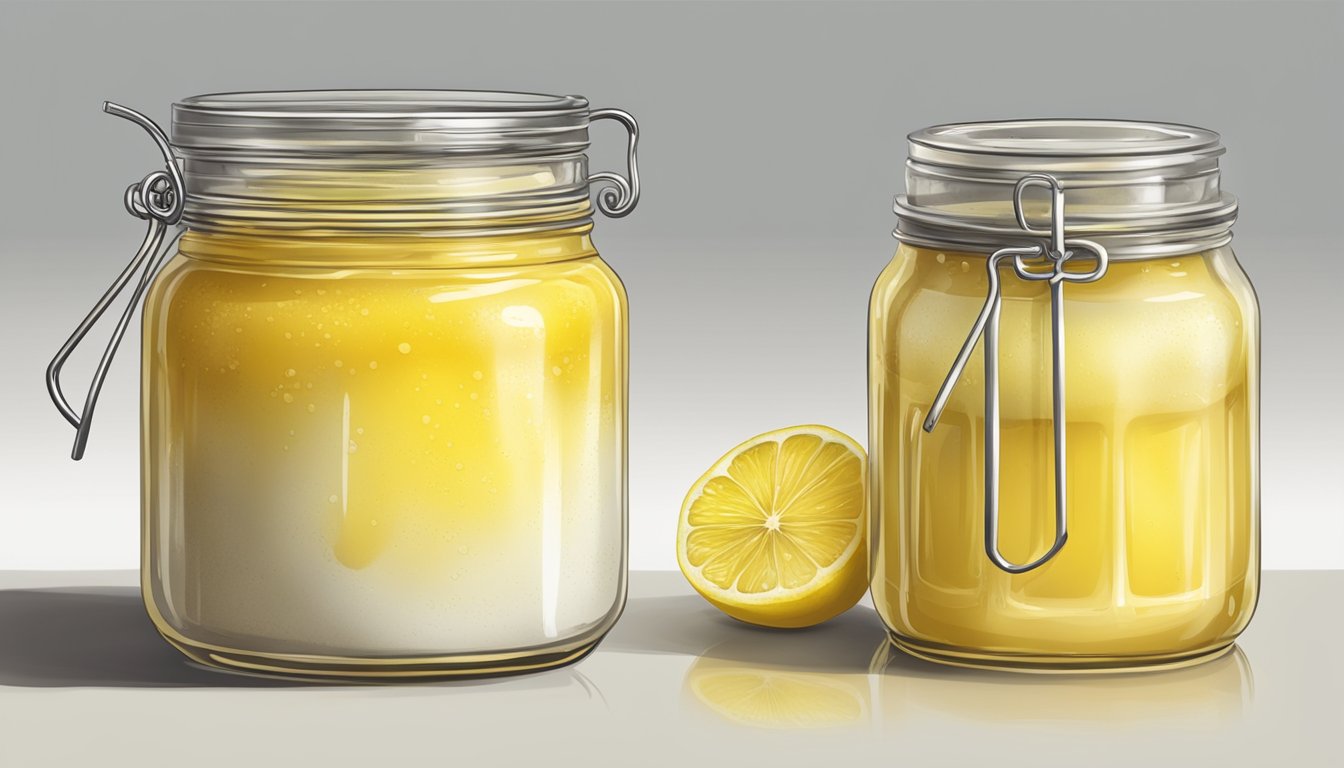 A jar of expired lemon curd with visible mold and discoloration